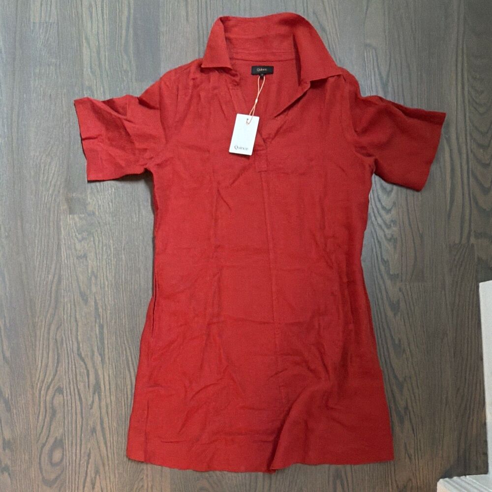 QUINCE 100% European Linen Short Sleeve Shirt Dress Red V-Neck Pockets Small NWT
